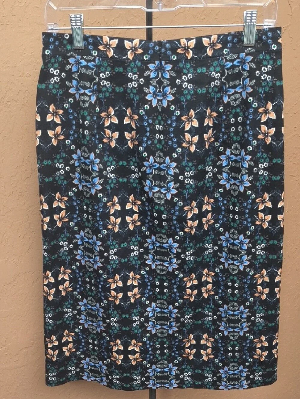 J. Crew Black Pencil Skirt with Blue & Peach Floral Print Size 6